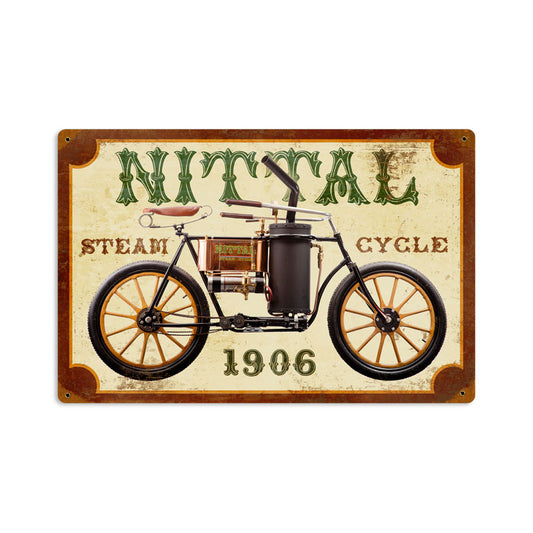 Nittal Steam Cycle, Motorcycle, Vintage Metal Sign, 18 X 12 Inches