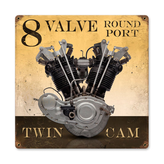 8 Valve Round Port, Motorcycle, Vintage Metal Sign, 12 X 12 Inches