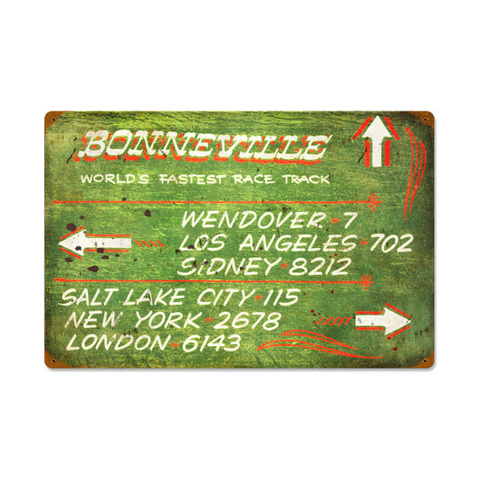 Bonneville Green Distance Sign, Automotive, Vintage Metal Sign, 24 X 16 Inches