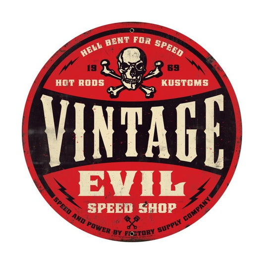 Vintage Evil red skull 28ƒ?, Automotive, Round Metal Sign, 28 X 28 Inches