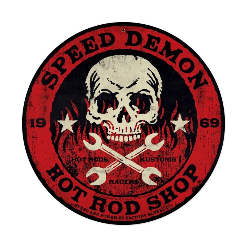 Speed Demon red skull 14ƒ?, Automotive, Round Metal Sign, 14 X 14 Inches