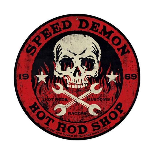 Speed Demon red skull 14ƒ?, Automotive, Round Metal Sign, 14 X 14 Inches