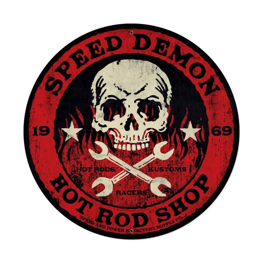Speed Demon red skull 28ƒ?, Automotive, Round Metal Sign, 28 X 28 Inches