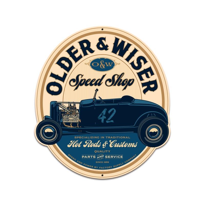 Older and Wiser Speed Shop vintage blue round 27ƒ?, Automotive, Custom Metal Shape, 24 X 27 Inches