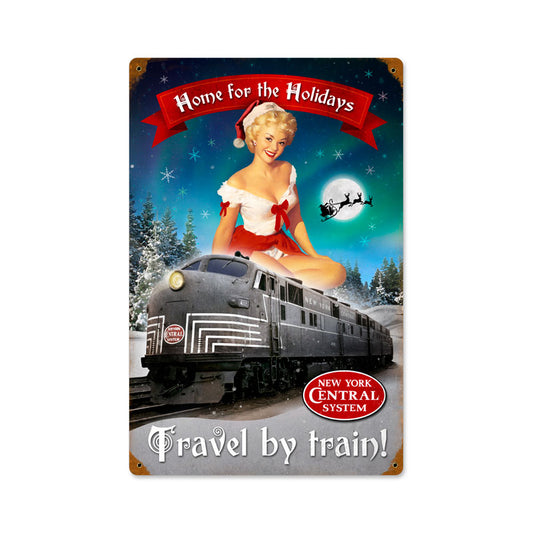 Christmas Train, Pinup Girls, Vintage Metal Sign, 12 X 18 Inches