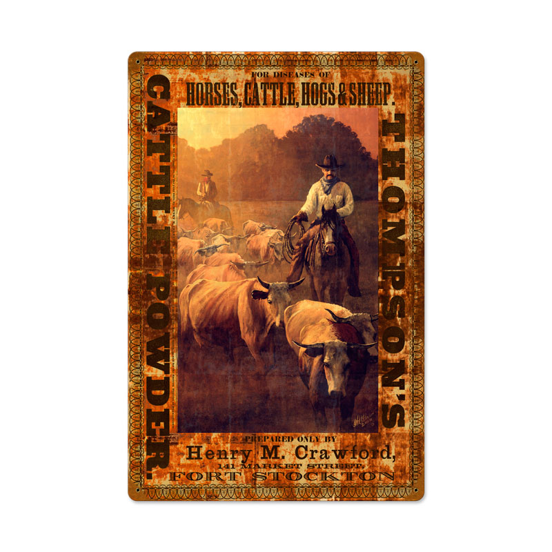 Thompsons Cattle Powder, Home and Garden, Vintage Metal Sign, 16 X 24 Inches