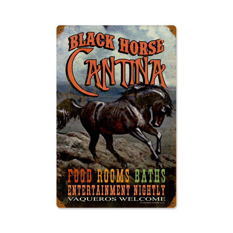 Black Horse Cantina, Home and Garden, Vintage Metal Sign, 12 X 18 Inches