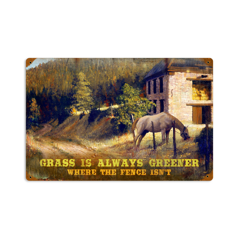 Greener Grass, Home and Garden, Vintage Metal Sign, 18 X 12 Inches