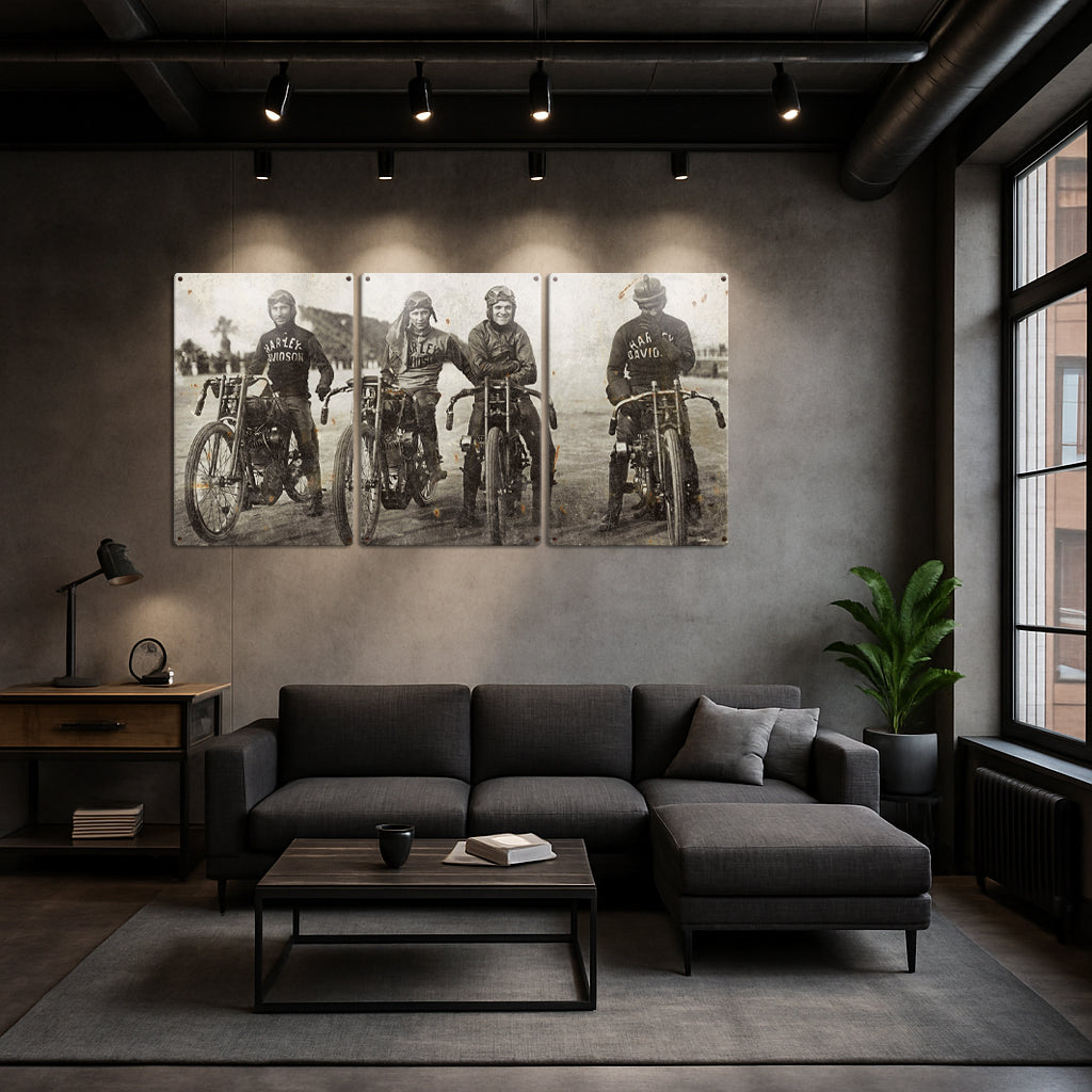 Harley Davidson Wall Art, Wrecking Crew, Vintage Photo, Triptych METAL Sign, Optional Reclaimed Barn Wood Frame