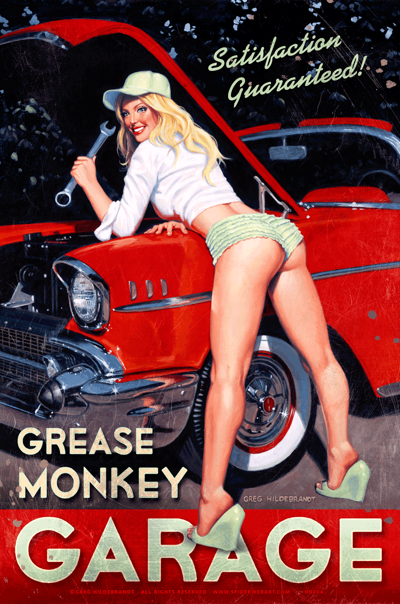 Grease Monkey Garage, Pinup Girls, Vintage Metal Sign, 12 X 18 Inches