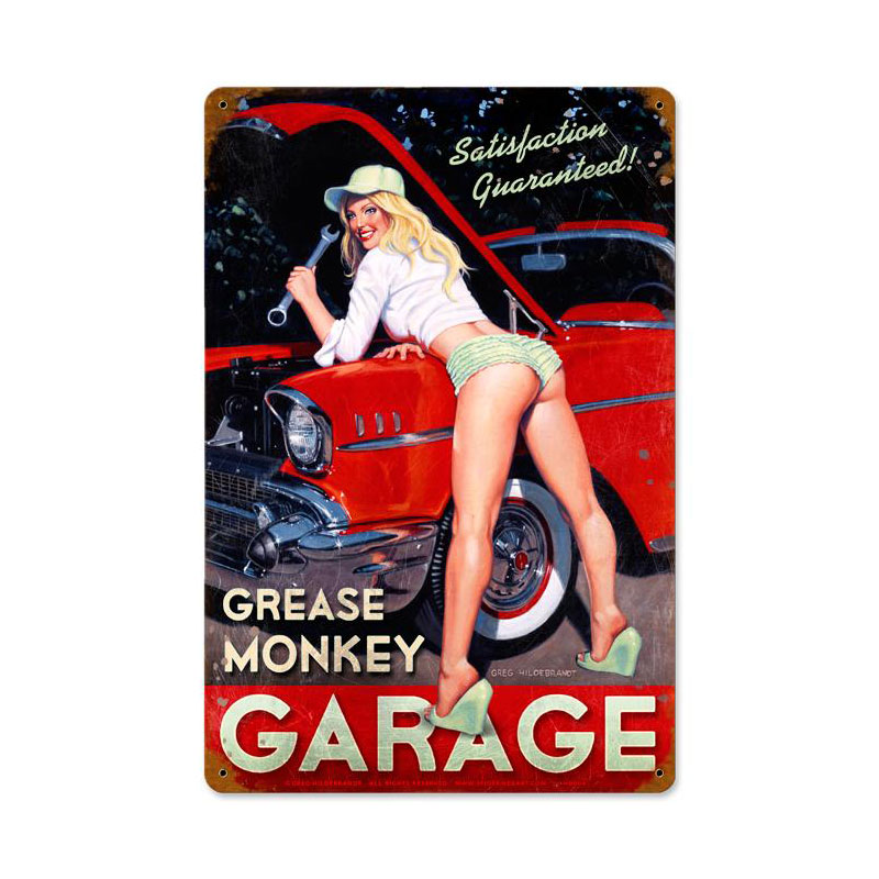 Grease Monkey Garage, Pinup Girls, Vintage Metal Sign, 12 X 18 Inches