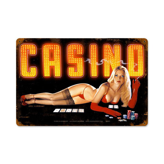 Red Light Casino, Pinup Girls, Vintage Metal Sign, 18 X 12 Inches