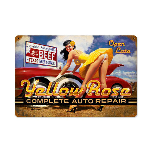 Yellow Rosie Repair, Pinup Girls, Vintage Metal Sign, 18 X 12 Inches