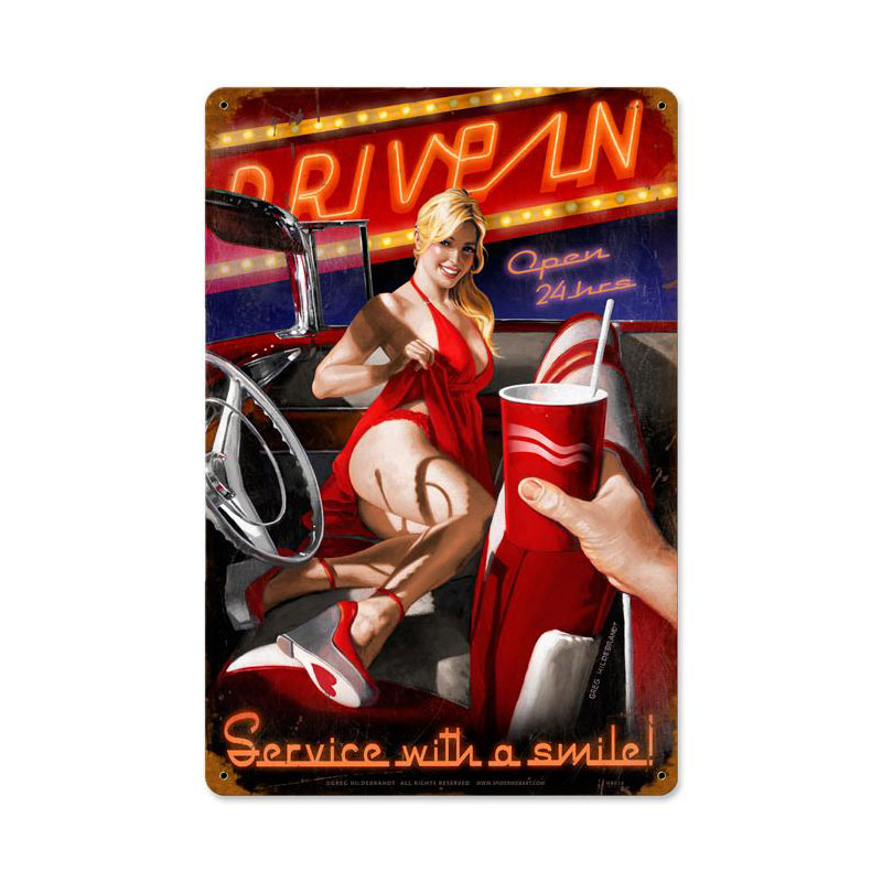 Drive In, Pinup Girls, Vintage Metal Sign, 12 X 18 Inches
