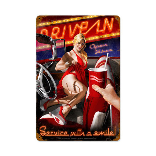 Drive In, Pinup Girls, Vintage Metal Sign, 12 X 18 Inches