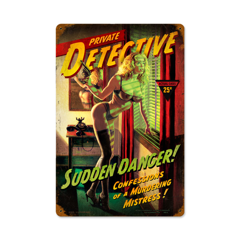 Sudden Danger, Pinup Girls, Vintage Metal Sign, 12 X 18 Inches