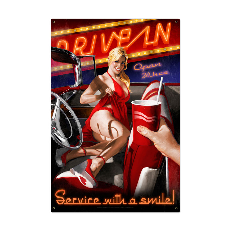 Drive In, Pinup Girls, Metal Sign, 24 X 36 Inches