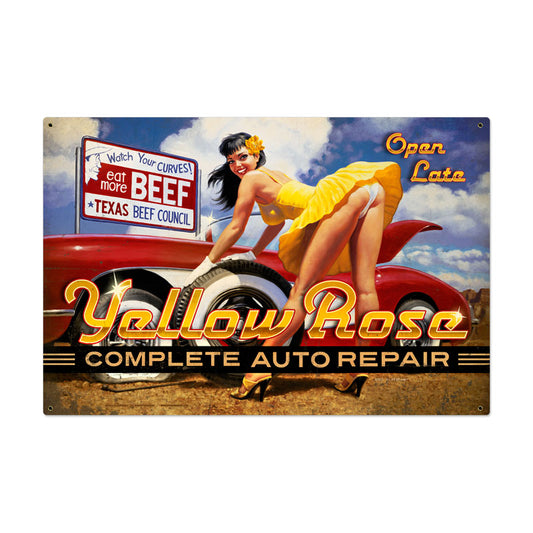 Yellow Rose, Pinup Girls, Metal Sign, 36 X 24 Inches