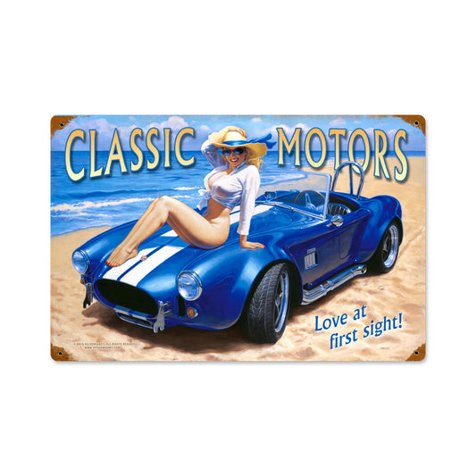 Classic Motors, Pinup Girls, Vintage Metal Sign, 18 X 12 Inches