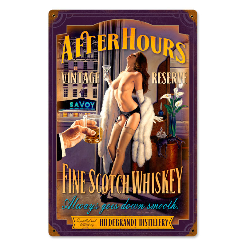 After Hours Scotch, Pinup Girls, Vintage Metal Sign, 12 X 18 Inches