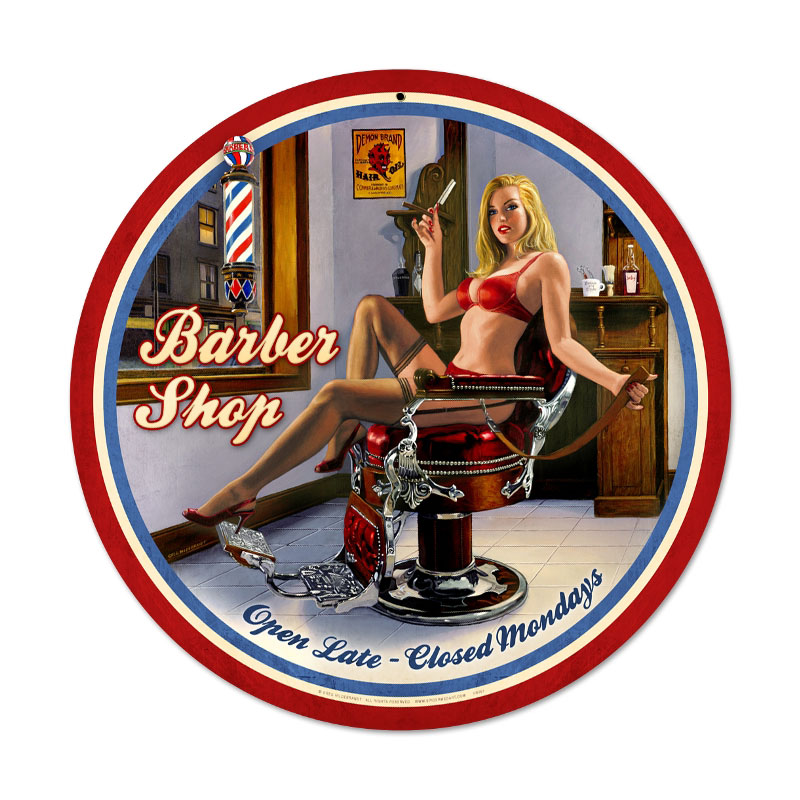 Barber Shop, Pinup Girls, Round Metal Sign, 28 X 28 Inches