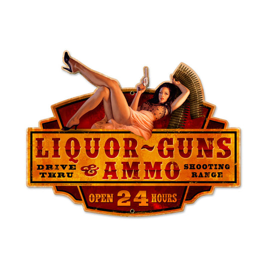 Liquor Guns Ammo, Pinup Girls, Custom Metal Shape, 20 X 16 Inches