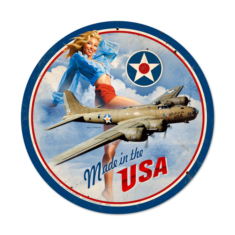 USA B17, Pinup Girls, Round Metal Sign, 14 X 14 Inches – Metal Sign Barn