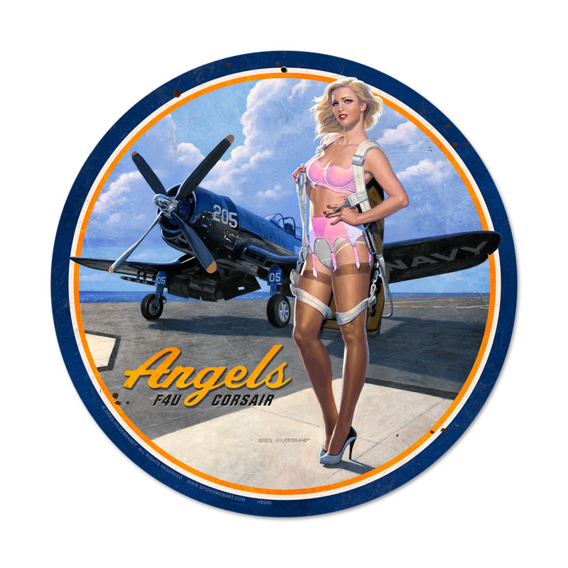 Angels Corsair, Pinup Girls, Round Metal Sign, 14 X 14 Inches