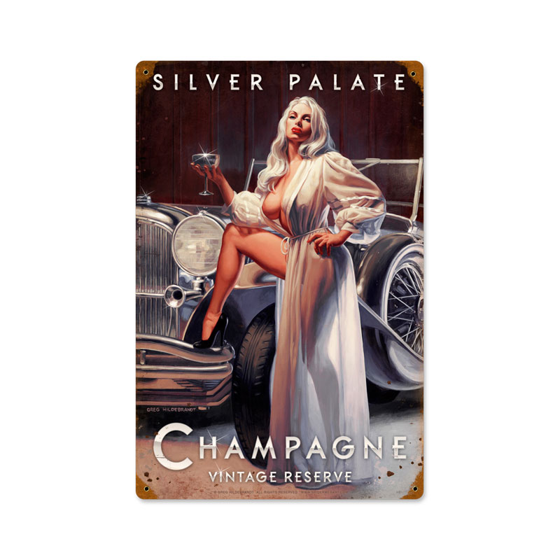 Silver Palate Champagne, Pinup Girls, Vintage Metal Sign, 12 X 18 Inches