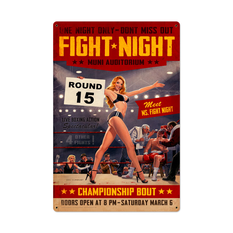 Fight Night, Pinup Girls, Metal Sign, 24 X 36 Inches