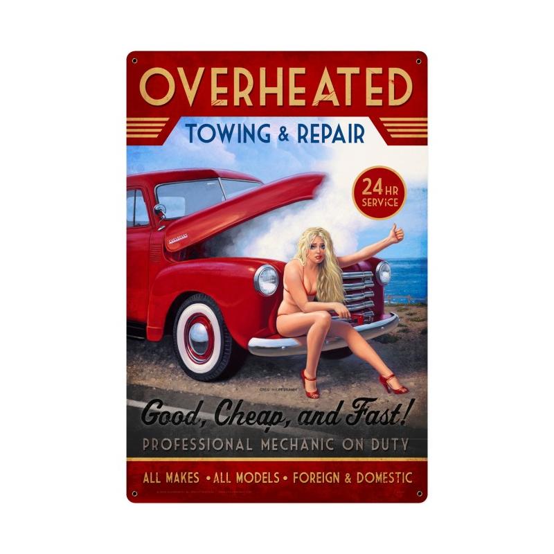 OVERHEATED REPAIR XL, Pinup Girls, Metal Sign, 24 X 36 Inches