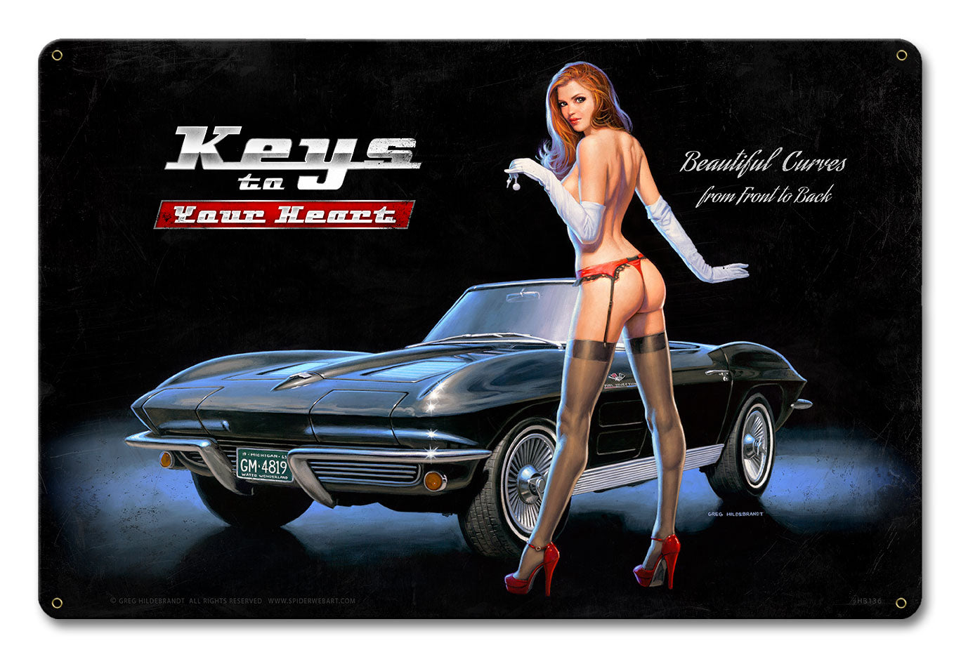 Corvette Stingray Fuel Injection, Pinup Girls, Vintage Metal Sign, 18 X 12 Inches