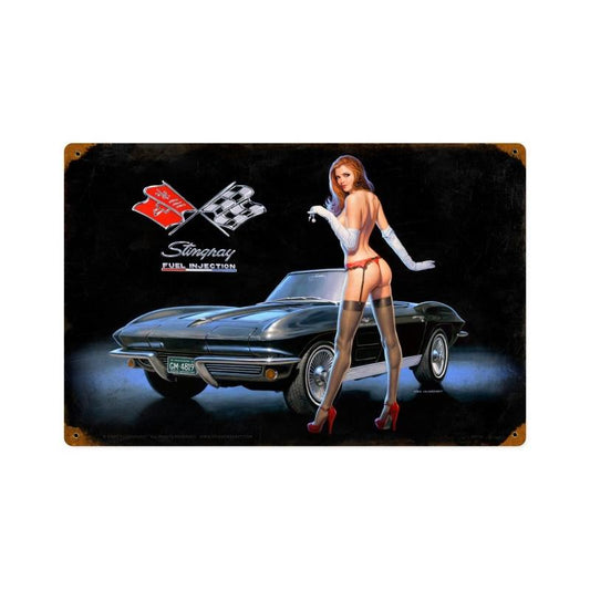 Corvette Stingray Fuel Injection, Pinup Girls, Vintage Metal Sign, 18 X 12 Inches