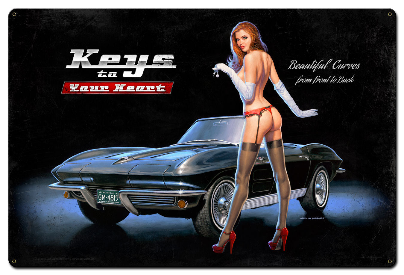 Corvette Stingray Fuel Injection XL, Pinup Girls, Vintage Metal Sign, 36 X 24 Inches