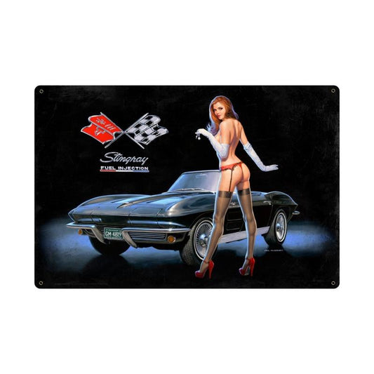Corvette Stingray Fuel Injection XL, Pinup Girls, Vintage Metal Sign, 36 X 24 Inches