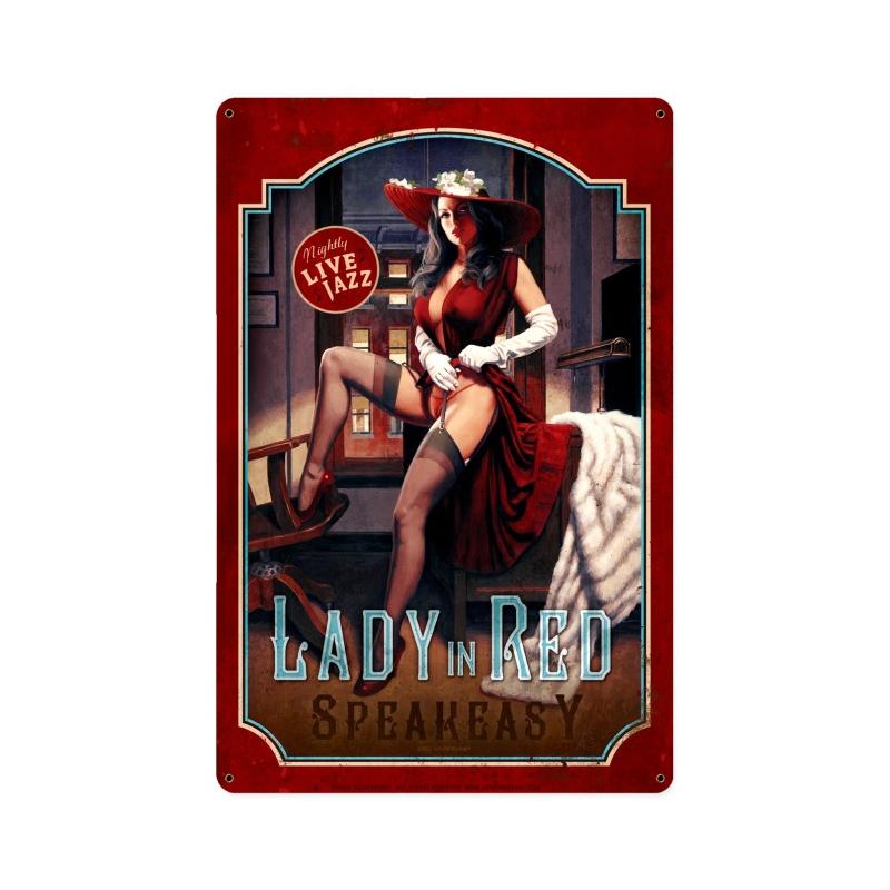 Lady In Red, Pinup Girls, Metal Sign, 12 X 18 Inches