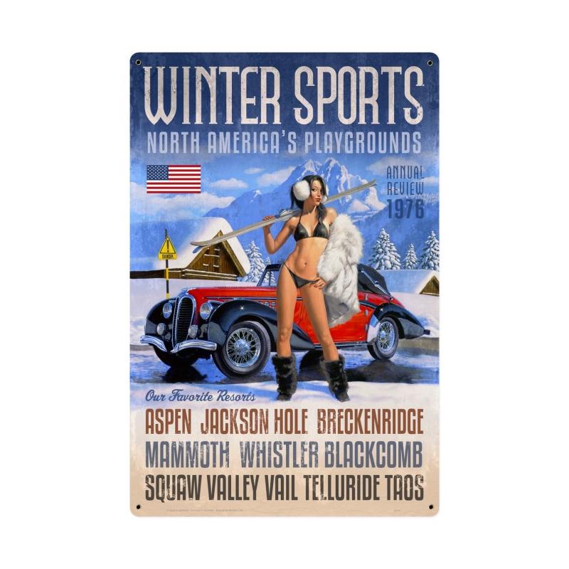 Winter Sports Sign, Pinup Girls, Metal Sign, 24 X 36 Inches