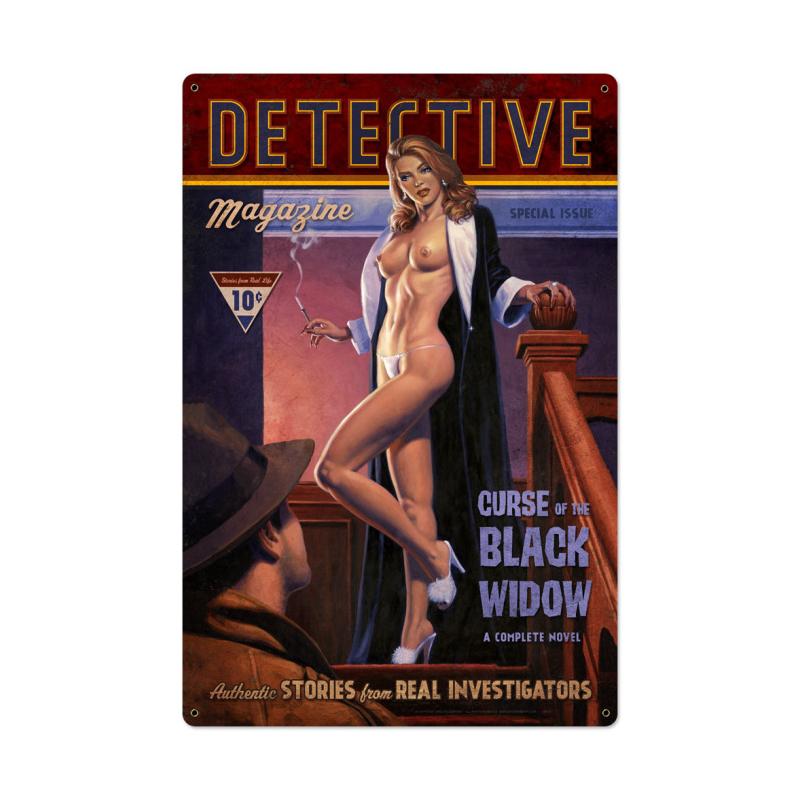 Detective Magazine Black Widow, Pinup Girls, Metal Sign, 24 X 36 Inches