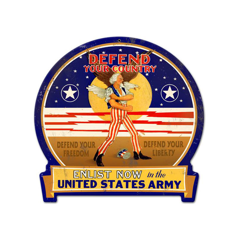 Defend Your Country, Allied Military, Round Banner Metal Sign, 16 X 15 Inches