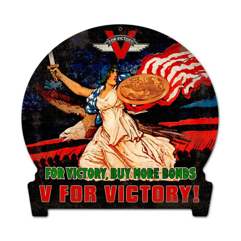 V for Victory, Allied Military, Round Banner Metal Sign, 15 X 16 Inches