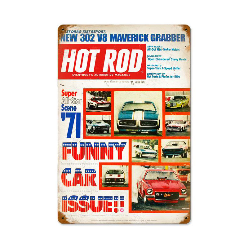 Funny Cars (Apr. 1971), Automotive, Vintage Metal Sign, 12 X 18 Inches