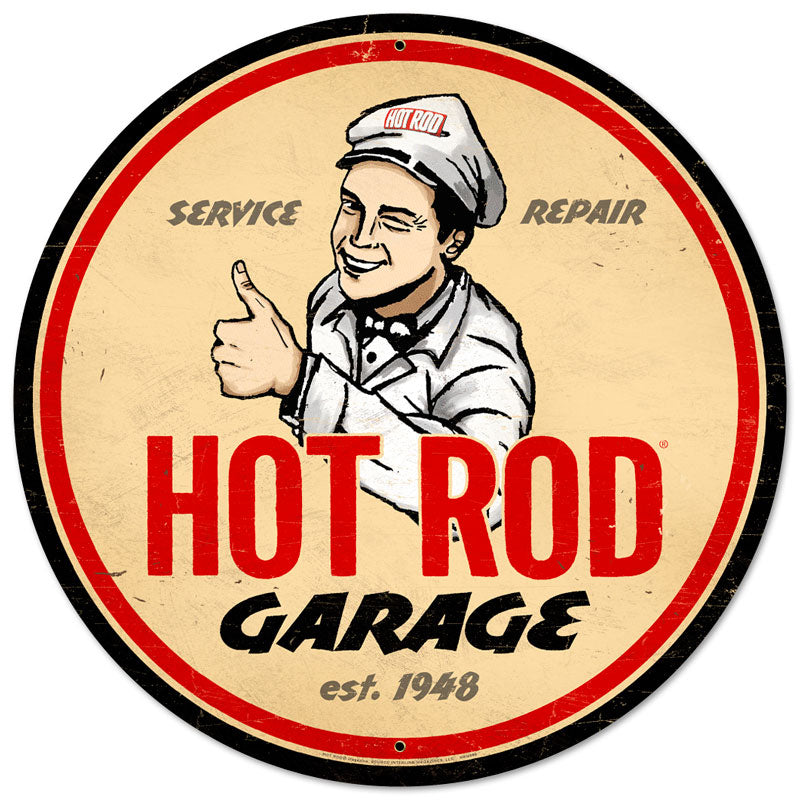 Hot Rod Garage, Automotive, Round Metal Sign, 28 X 28 Inches