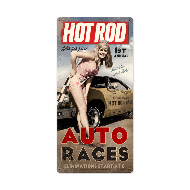 Auto Races, Pinup Girls, Metal Sign, 12 X 24 Inches