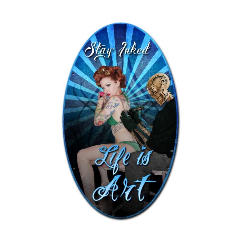 Stay Inked, Pinup Girls, Oval Metal Signs, 14 X 24 Inches