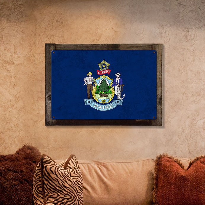 Maine State Flag, It Must be Maine, Metal Sign, Optional Rustic Wood Frame, Wall Decor, Wall Art, Vintage, FREE SHIPPING!