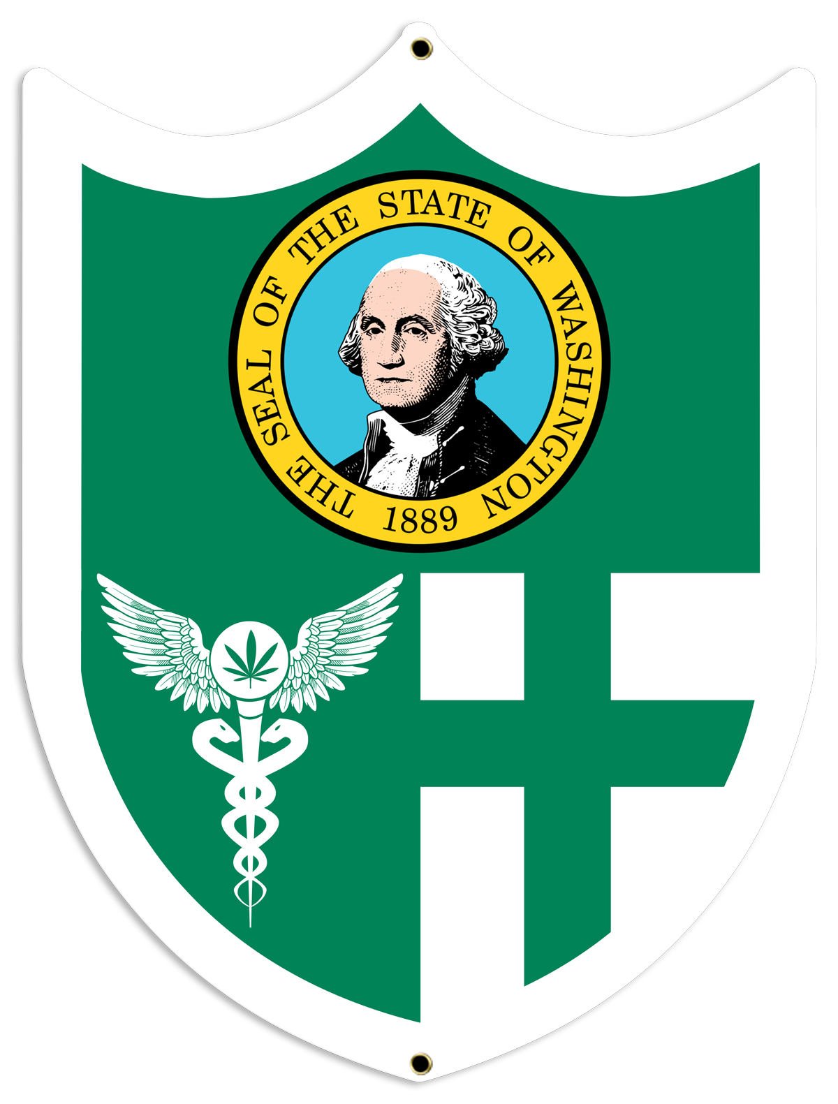 Washington Flag, Green Cross, Medical Marijuana, Cannabis,  Shield, Wall Decor, Cannabis Dispensary Decor, Man Cave Sign, Metal Sign 18"x24"