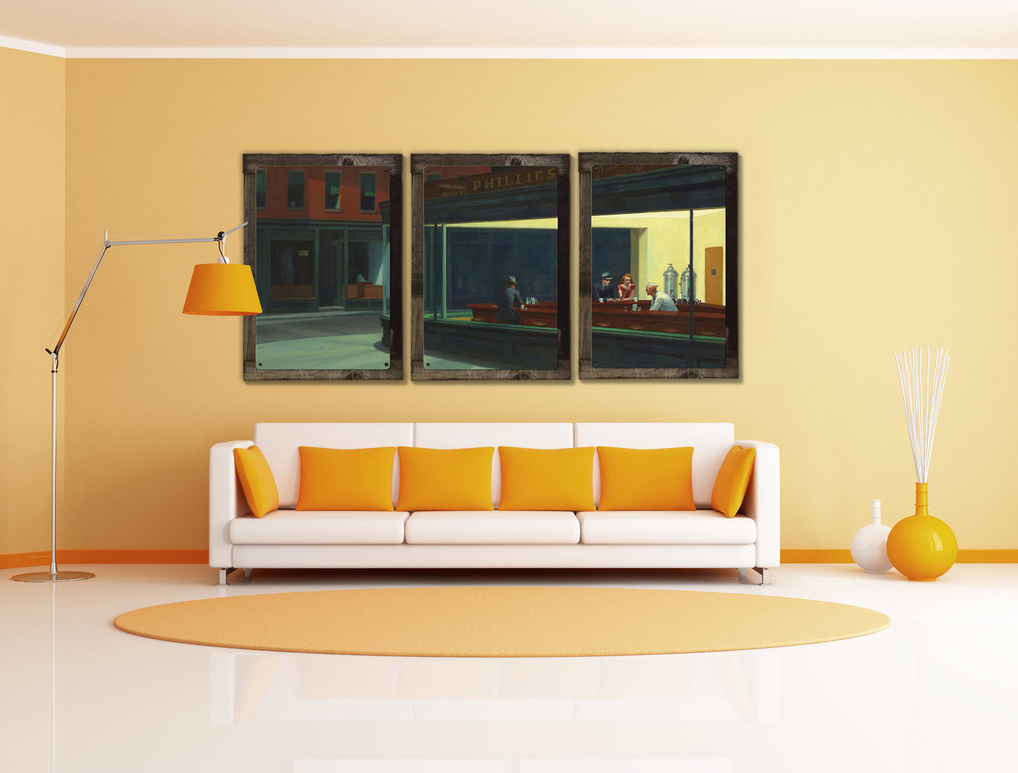 Nighthawks, Edward Hopper, Triptych METAL Sign, Travel, Wall Decor, Globe Wall Art , Optional Reclaimed Barn Wood Frame