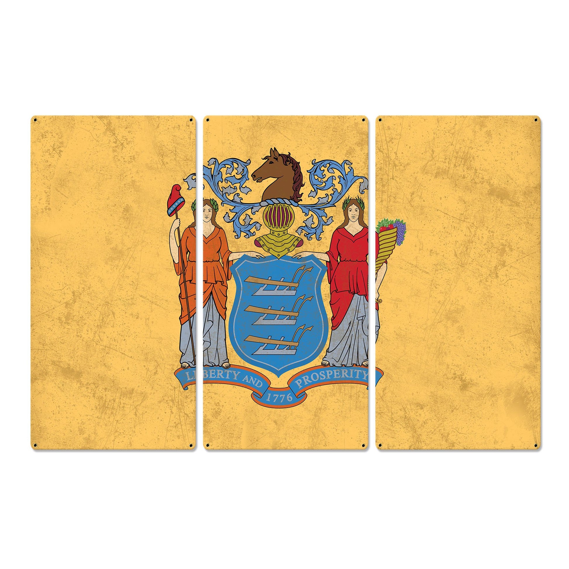 New Jersey State Flag, Liberty & Prosperity, Triptych Metal Sign, Wall Decor, Wall Art, Vintage, 54"x36"