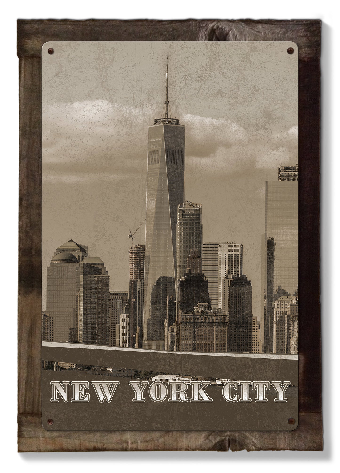 New York City, Skyline, Landmarks Brooklyn Bridge, Statue of Liberty , METAL Triptych, Optional Rustic Wood Frame, Wall Art