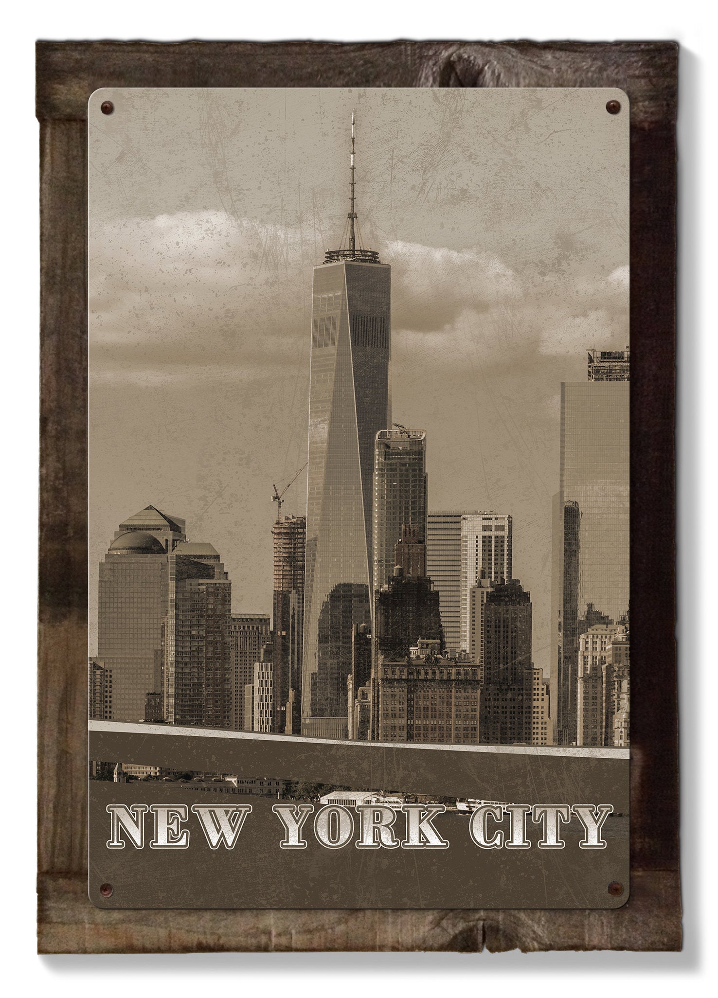 New York City, Skyline, Landmarks Brooklyn Bridge, Statue of Liberty , METAL Triptych, Optional Rustic Wood Frame, Wall Art